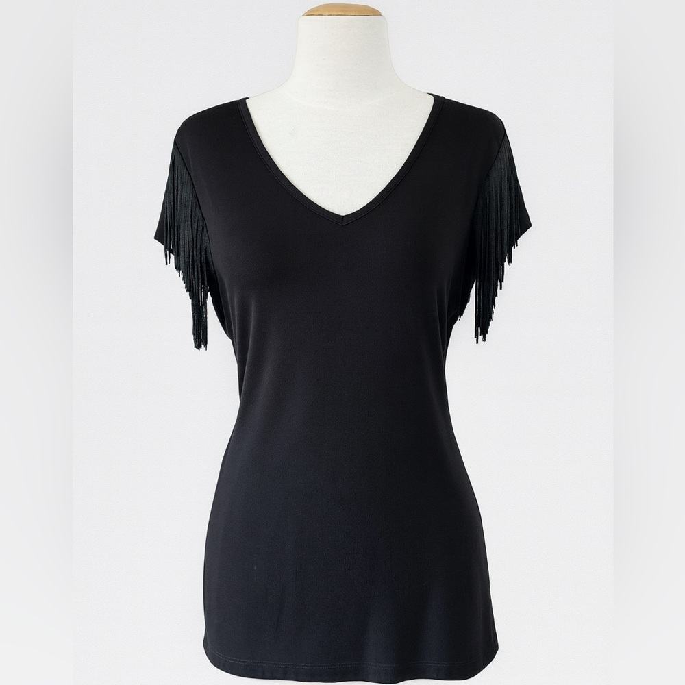 Cache fringe jersey black v-Neck Top shirt - Picture 2 of 8